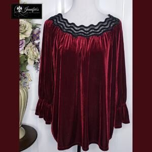 3/$30 Rafaella Women's Deep Red Velvet Black Scallop Trim Blouse